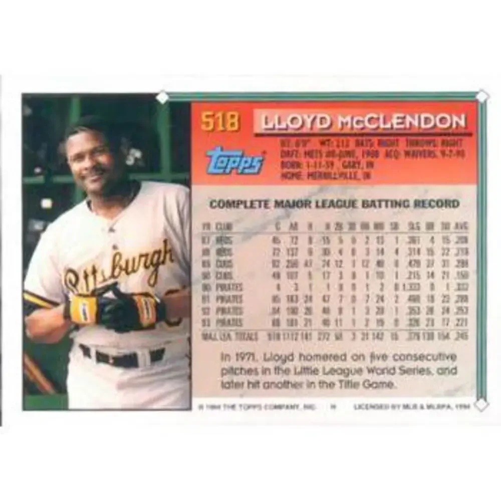 1994 Topps Lloyd McClendon # 518 Pittsburgh Pirates